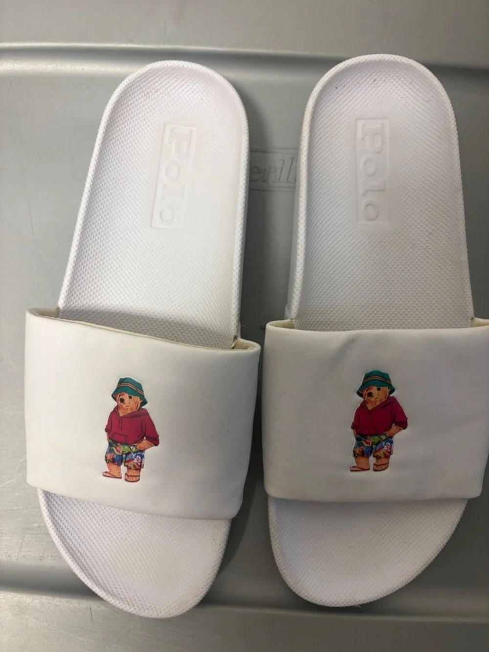 Polo by Ralph Lauren White Kids Slide Sandals with Bear in Red Top